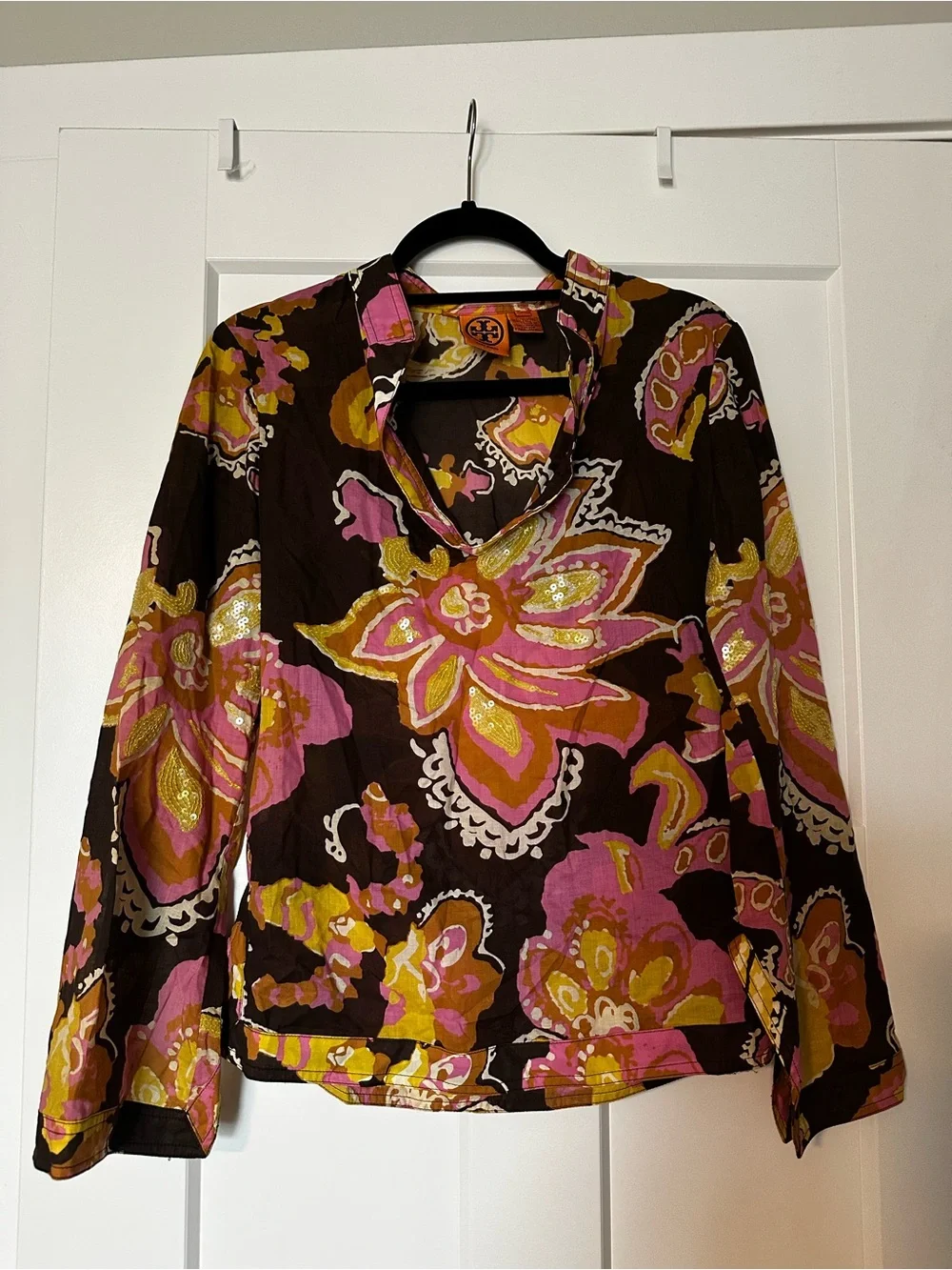 Tory Burch Brown Floral Cotton Tunic with Pink Yellow Flowers and Clear Sequins